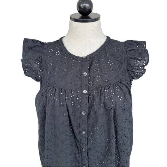 Madewell Eyelet Ruffle Sleeve Bib Top Black Button Down Size Medium - Picture 7 of 12
